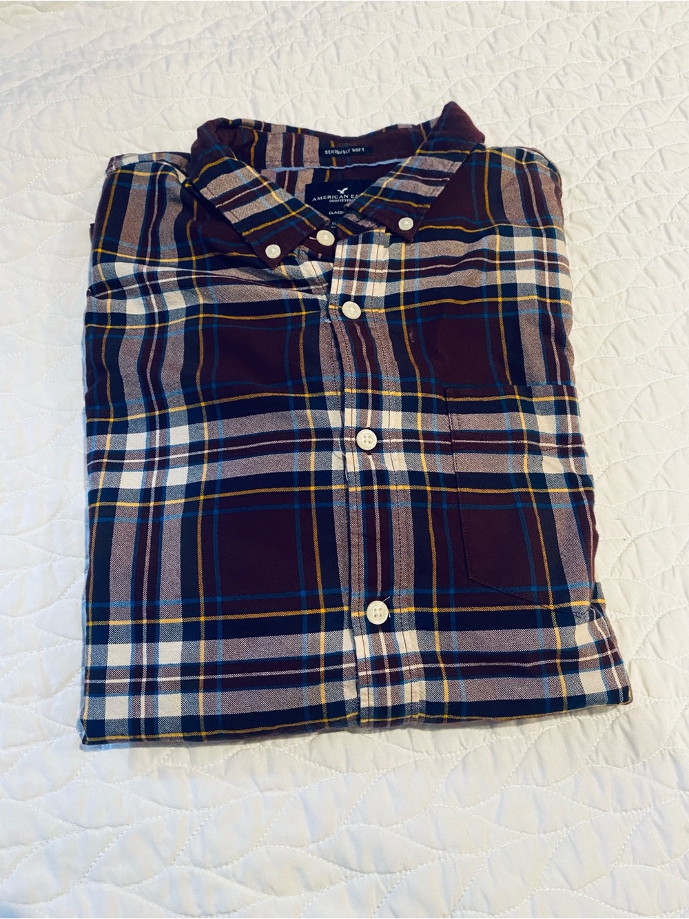 American Eagle Outfitters Navy Plaid Button-Down with Yellow Stripes